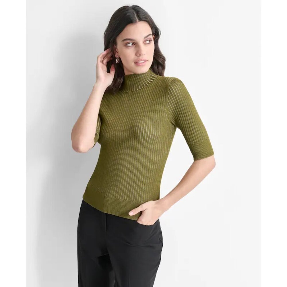 DKNY Mock Neck Turtle Neck Green Bodycon Ribbed Knit Top Women's Size XL - Picture 2 of 7